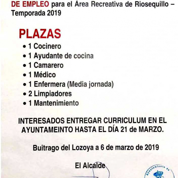 Oferta de empleo para el Área Recreativa Riosequillo, temporada 2019