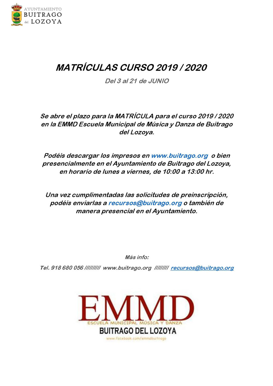 Matrícula curso 2019/2020 EMMD Buitrago del Lozoya