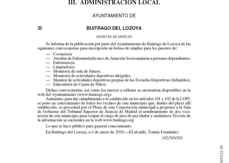 Oferta pública de empleo. Bolsas de empleo promovidas por el Ayuntamiento de Buitrago del Lozoya