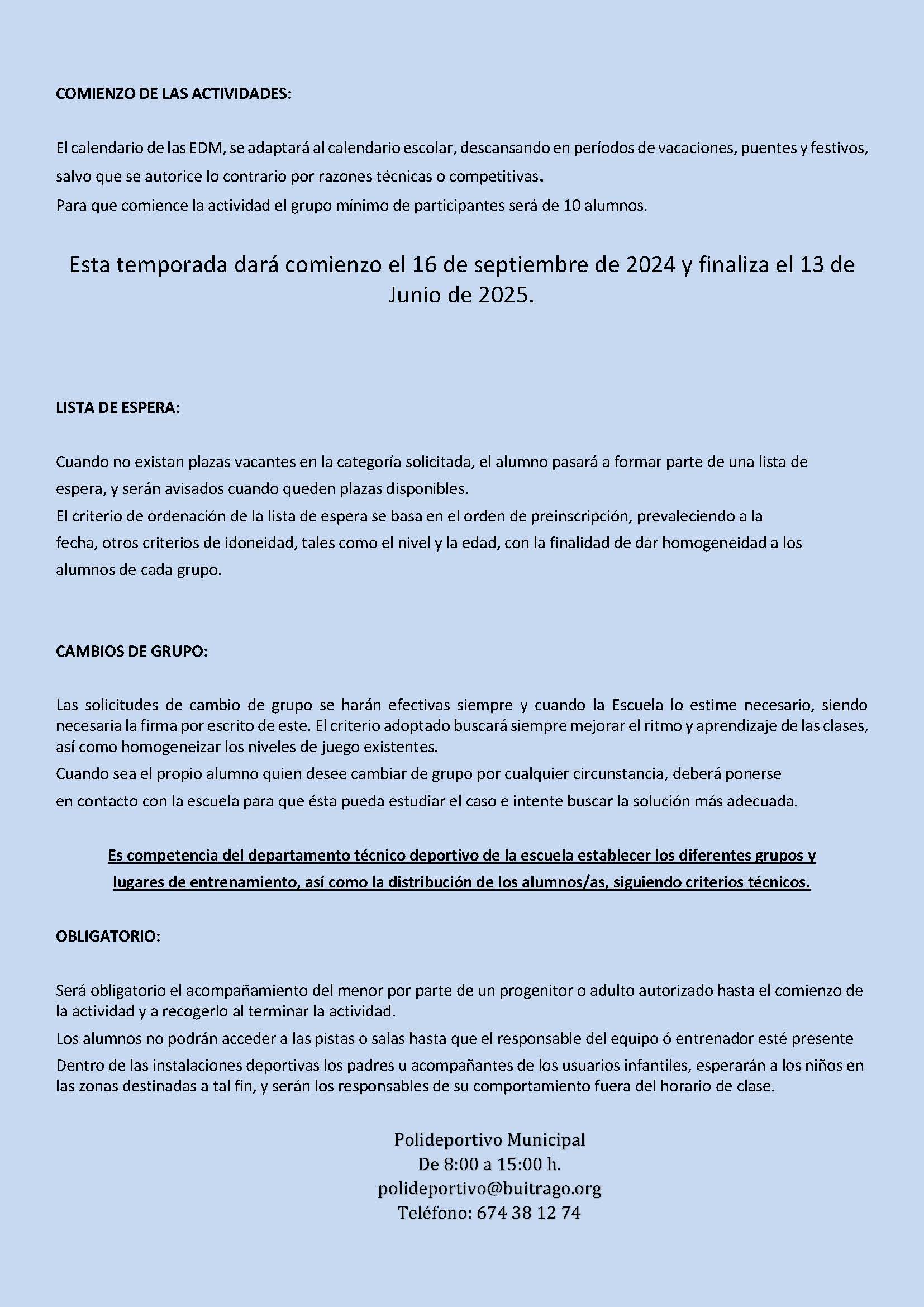 Información deporte infantil