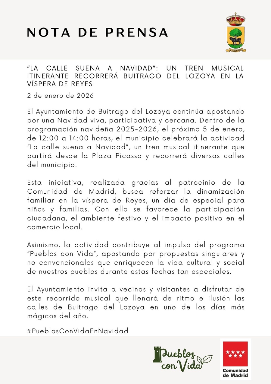 Nota de prensa: "La calle suena a Navidad". Tren musical itinerante en Buitrago