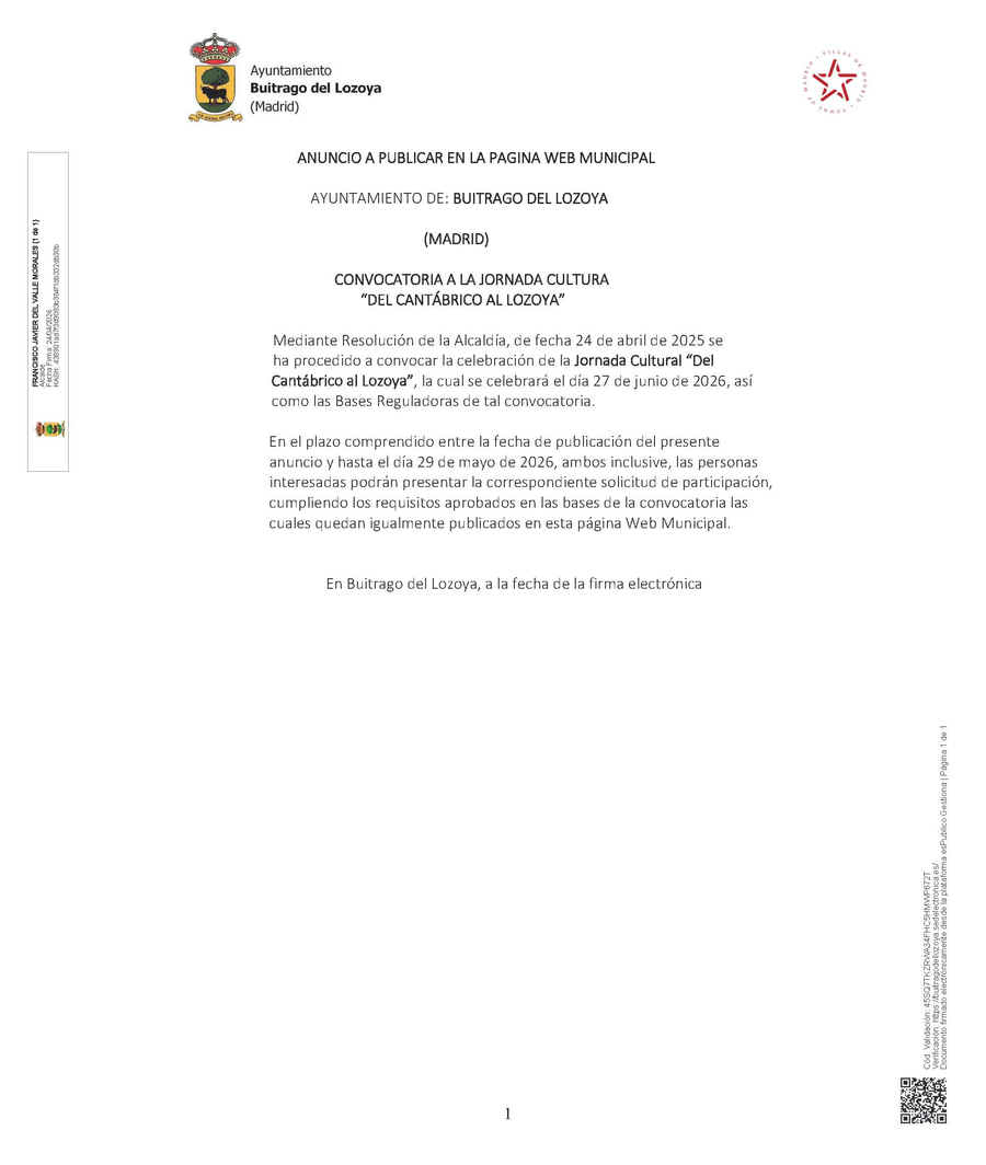 20260424 Publicación ANUNCIO DE LA CONVOCATORIA DE LA JORNADA CULTURAL DEL CANTÁBRICO AL LOZOYA 1