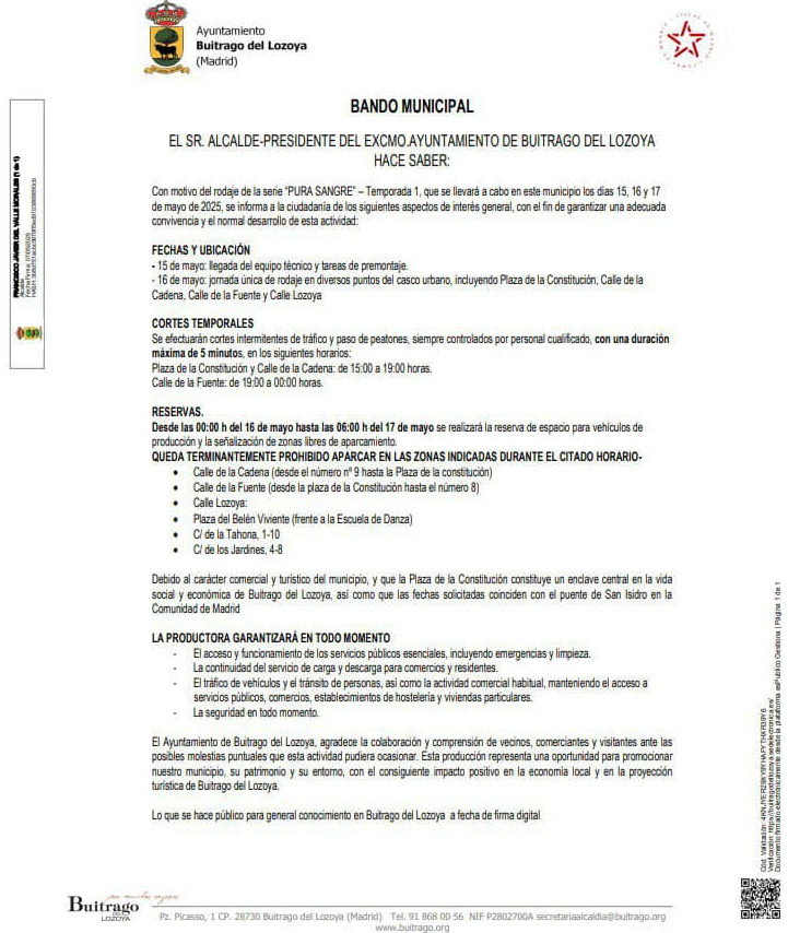 Bando restriciones aparcamiento por rodaje mayo 2025