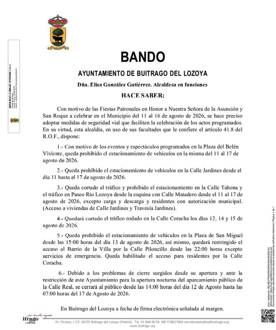 Bando seguridad vial y estacionamiento con motivo de las fiestas patronales 2026