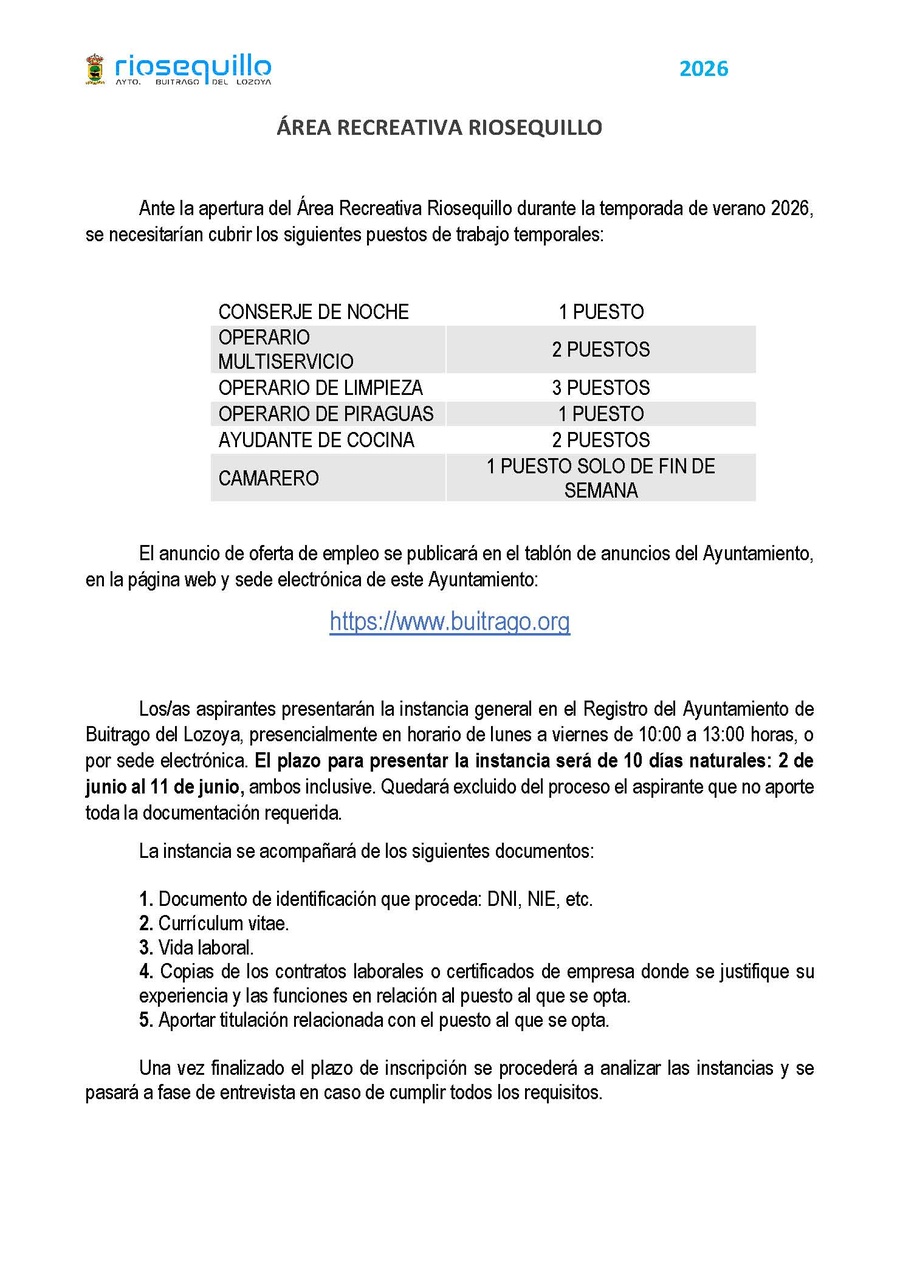 Empleo Área recreativa Riosequillo, temporada de verano 2026