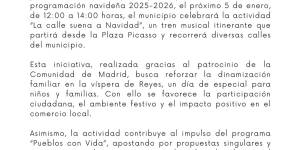 Nota de prensa: "La calle suena a Navidad". Tren musical itinerante en Buitrago