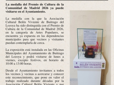 El Ayuntamiento expone la medalla del Premio de Cultura de la Comunidad de Madrid otorgada a la Asociación Belén Viviente de Buitrago del Lozoya