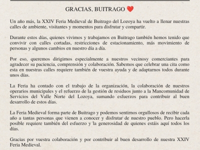 Gracias a los vecinos, vecinas y comerciantes de Buitrago por contribuir al buen desarrollo de nuestra XXIV Feria Medieval