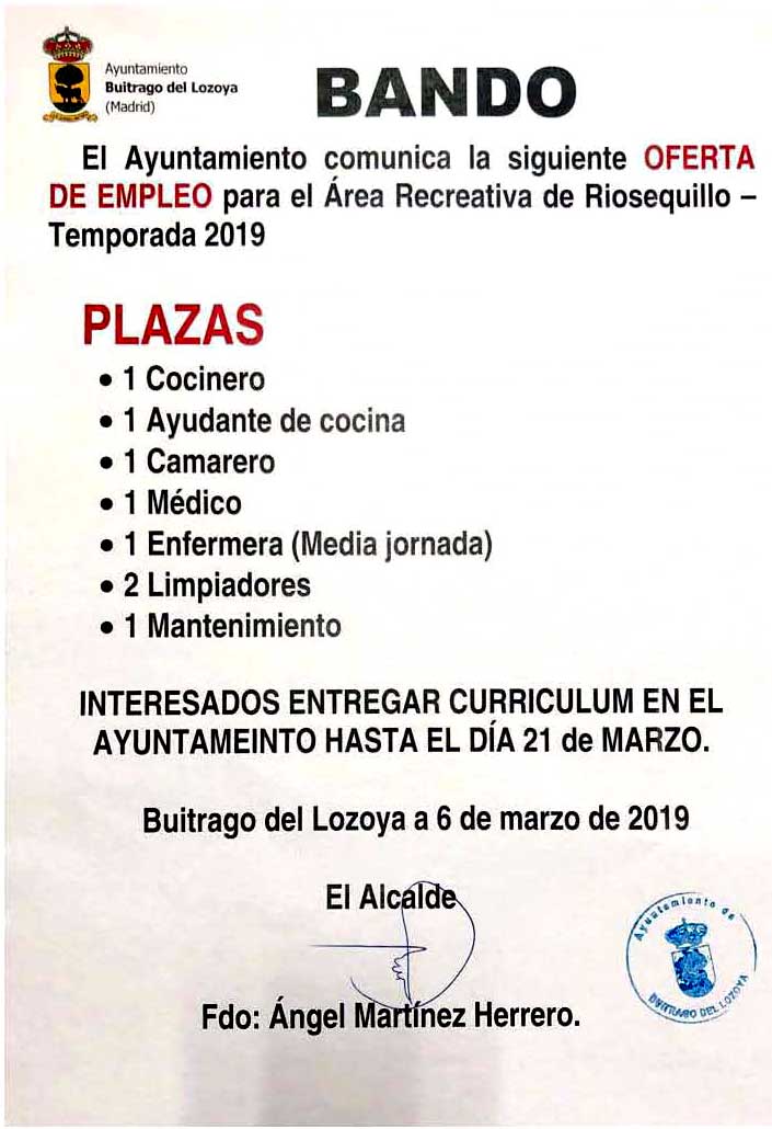 oferta empleo area recreativa Riosequillo 2019
