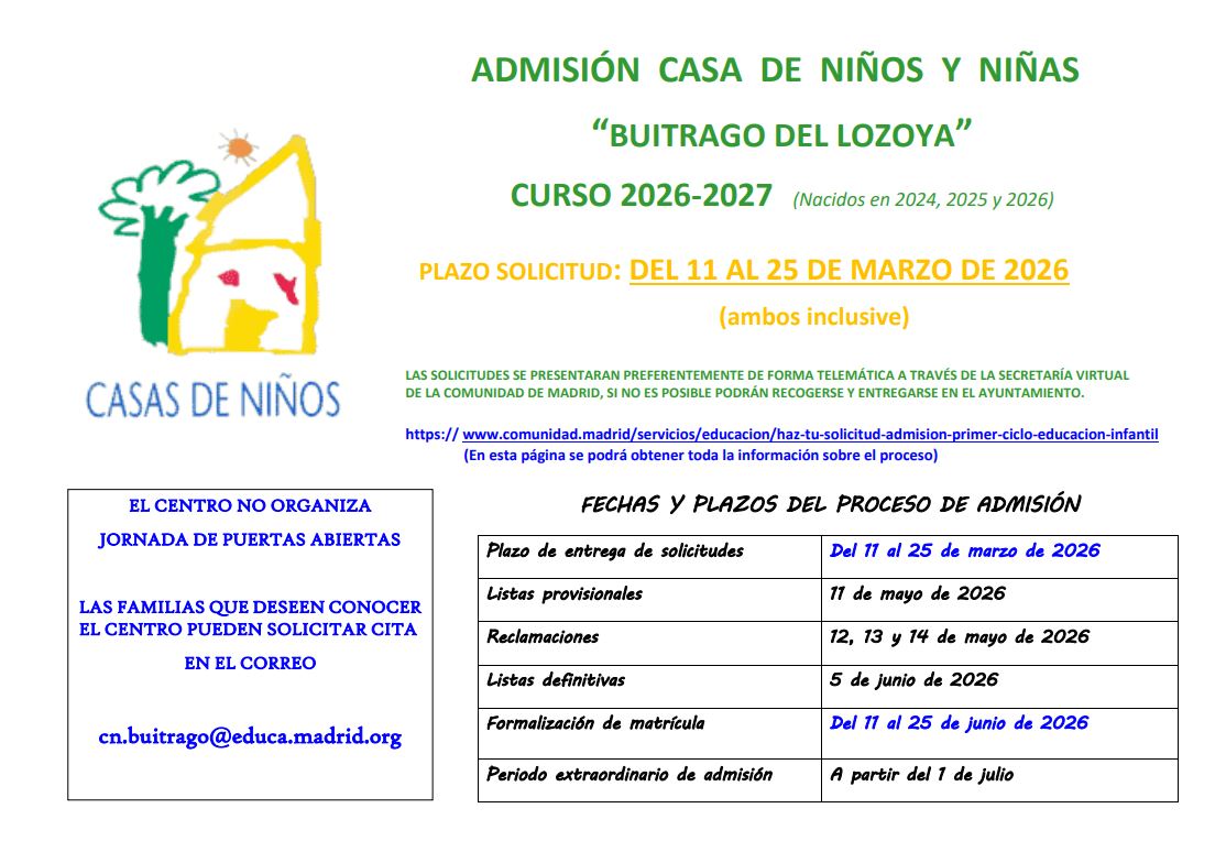 Admisión Casa de Niños y Niñas "Buitrago del Lozoya" curso 2026-2027